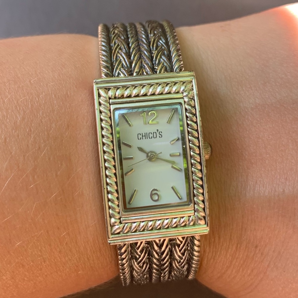 Chico’s Silver Tone Watch Bracelet Hinged Braided Metal Band Rectangle Face